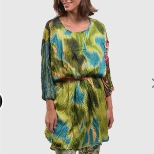 Alembika Fantasia tunic top aquamarine  Vibrant Green & Teal Crinkle size M $320